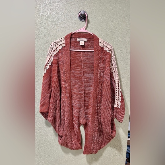 Flying Tomato Sweaters - Flying Tomato Rust Cardigan with Cream Lace Accents